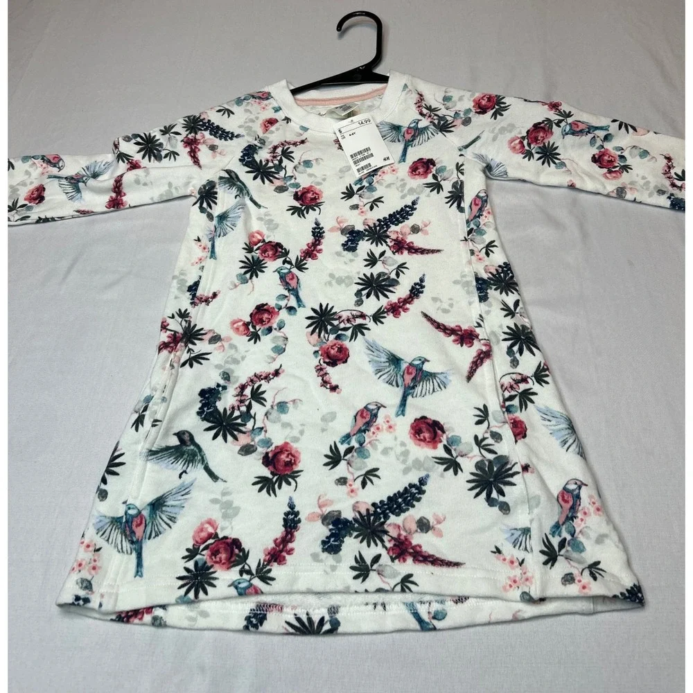 H&M LOGG Girls White Floral Bird Sweatshirt Dress Long Sleeve Size 4-6Y NWT